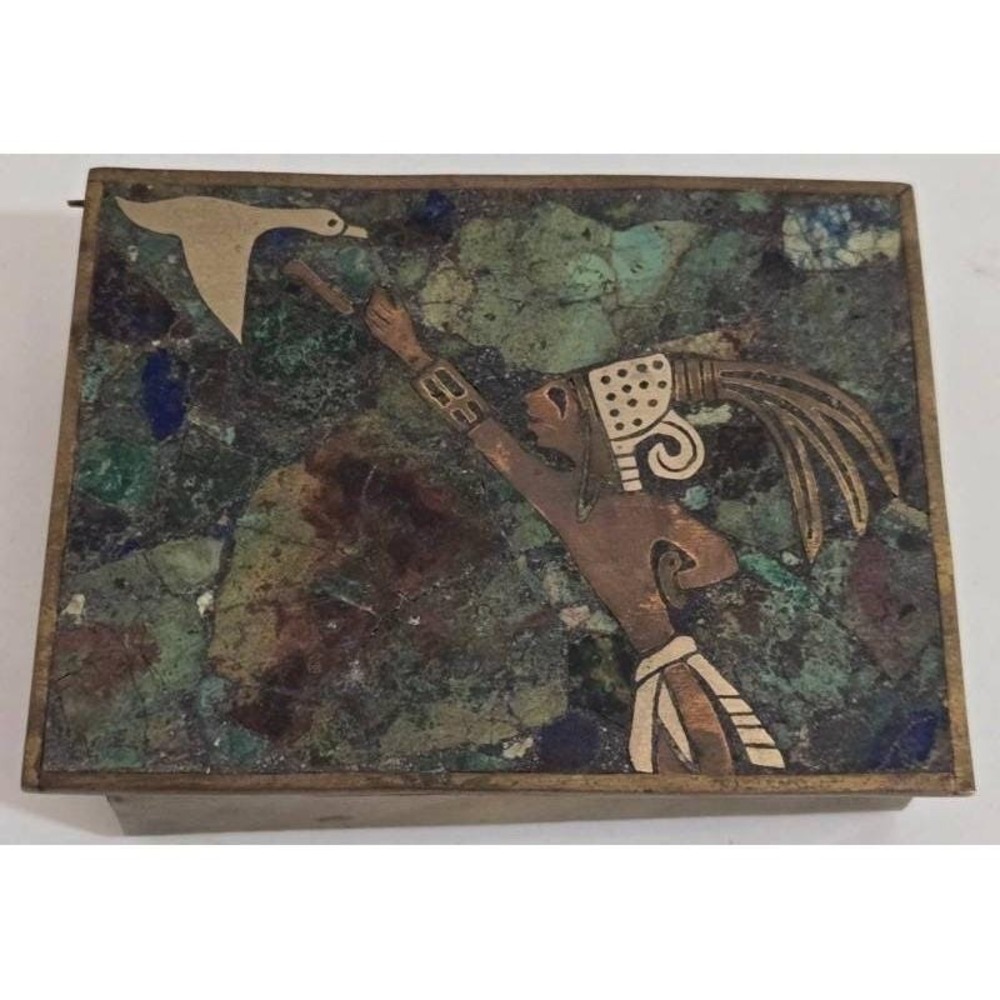 Vintage Los Castillo Style Lidded Malachite & Lapis Mosaic Trinket Box - Picture 3 of 9